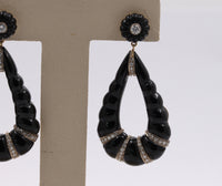 Vintage 18K Gold Carved Onyx and Diamond Dangling Earrings