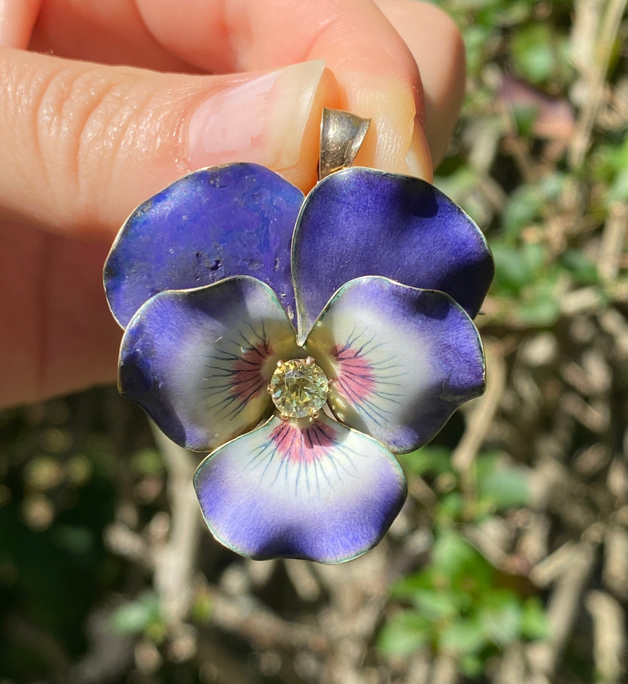 Lot - JEWELRY: Two 14K Gold Pins: a yellow gold Art Nouveau pansy pin,  purple enameled pansy with one old European cut diamond in center,  (approximately 0.03 ct). 7/8 x 5/8, diamond