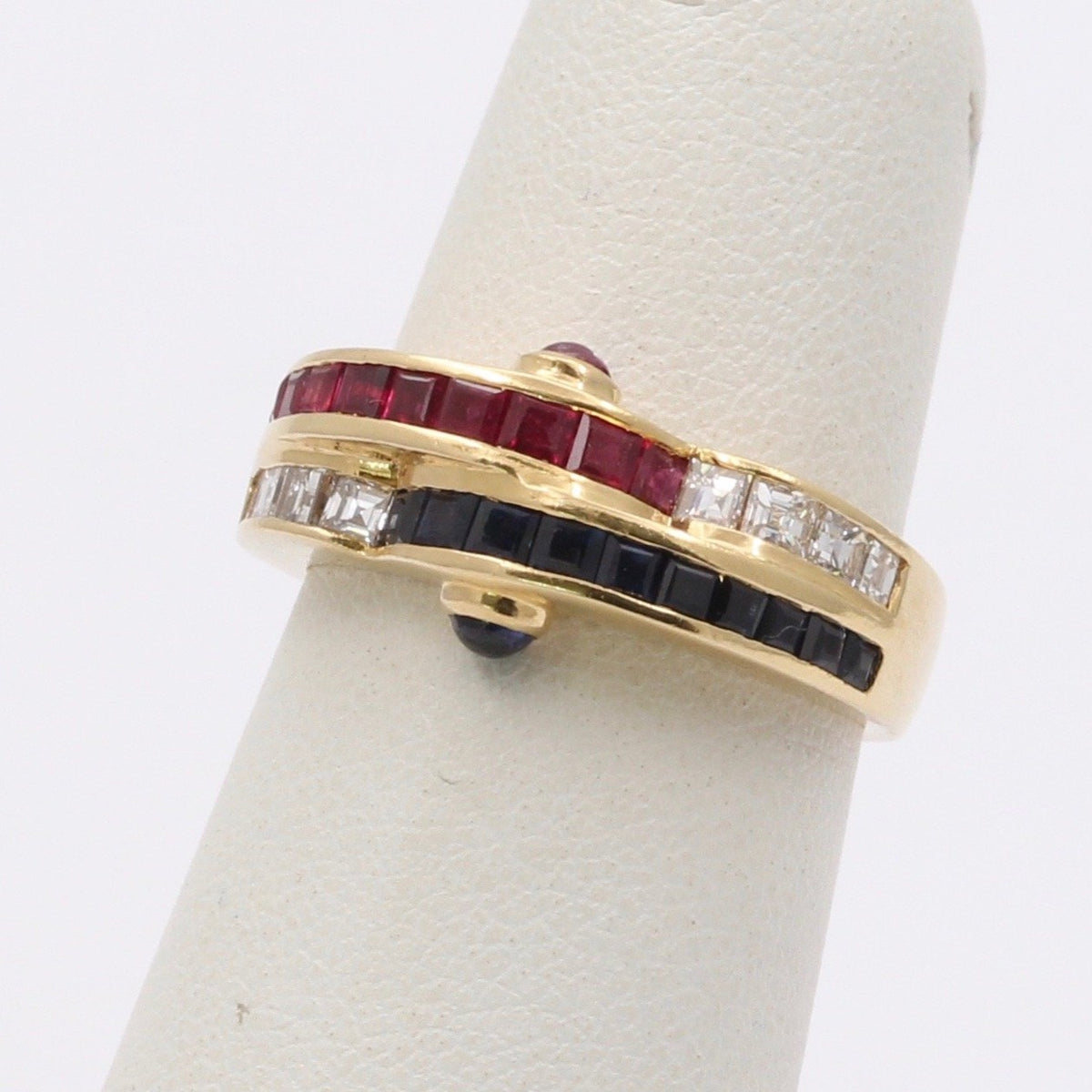 Vintage 18K Gold Carre Cut Diamond, Sapphire, and Ruby Wave Ring, 1970s Stacking Band