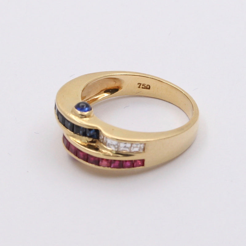 Vintage 18K Gold Carre Cut Diamond, Sapphire, and Ruby Wave Ring, 1970s Stacking Band