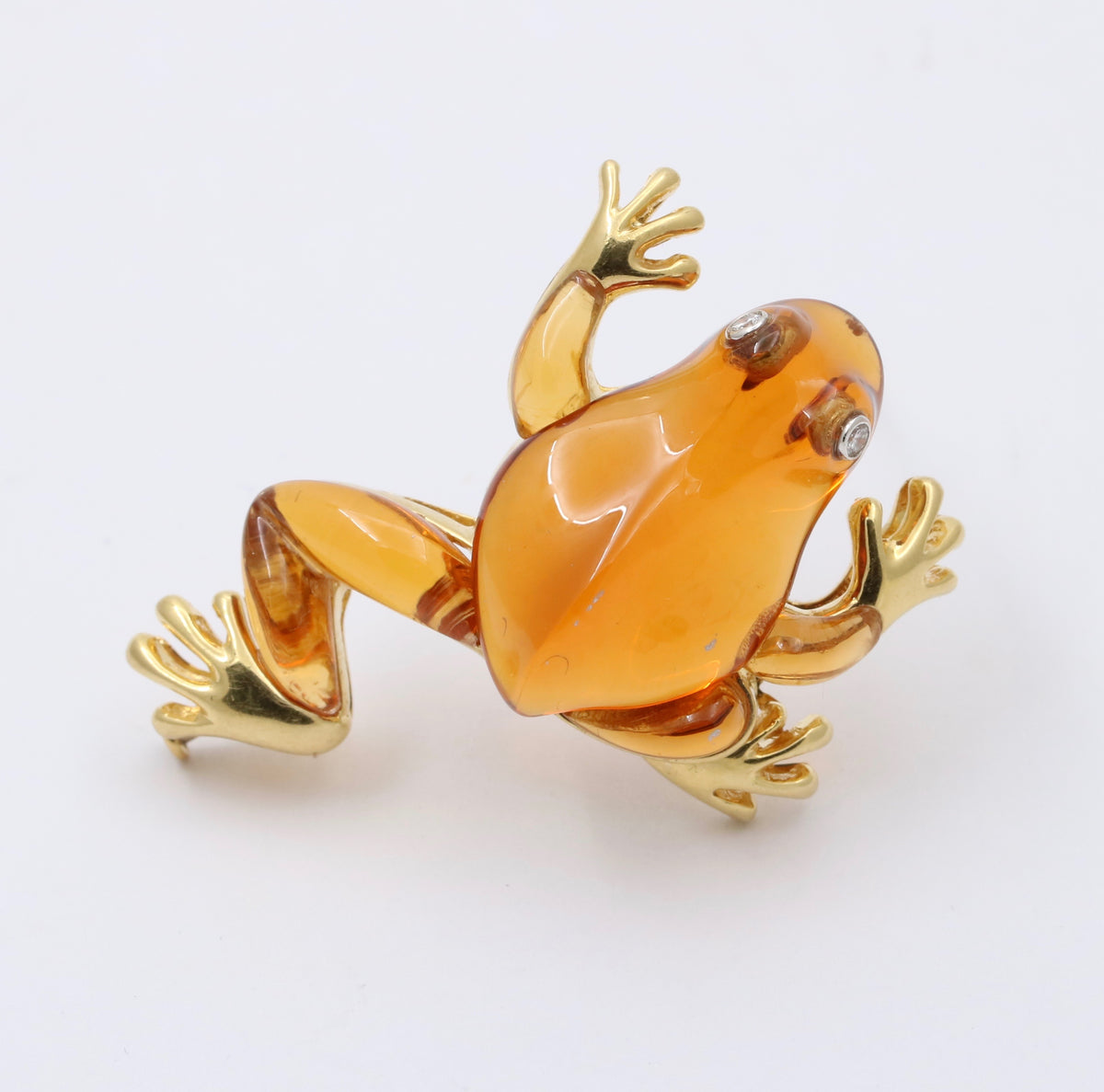 Vintage Carved Citrine, Diamond and 18K Gold Frog Brooch, Pin