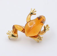 Vintage Carved Citrine, Diamond and 18K Gold Frog Brooch, Pin