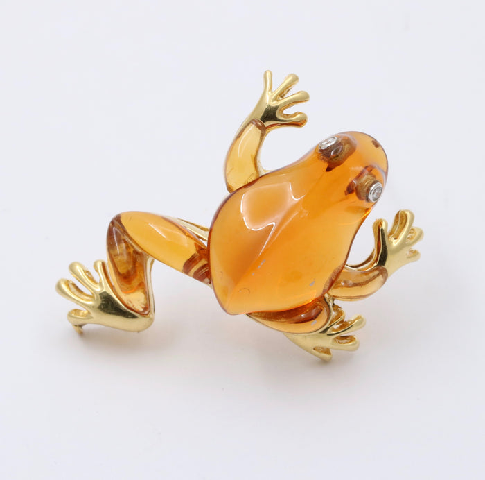 Vintage Carved Citrine, Diamond and 18K Gold Frog Brooch, Pin