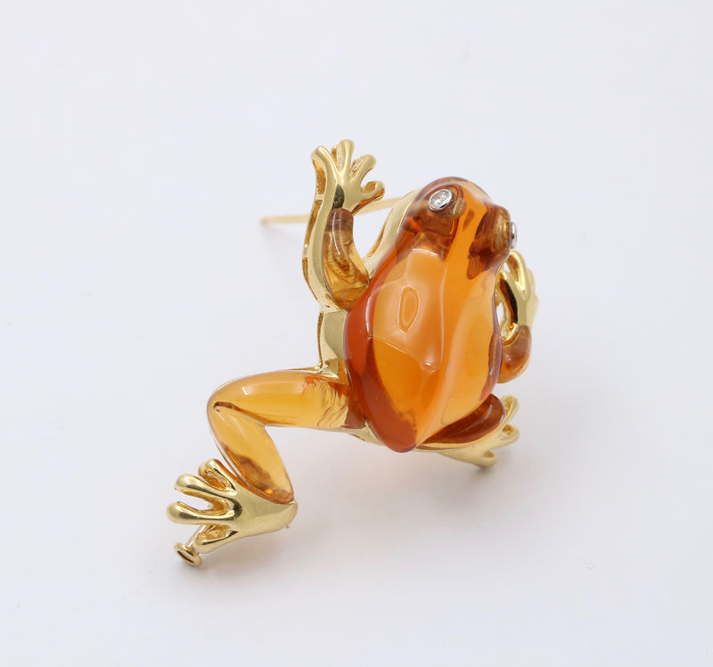 Vintage Carved Citrine, Diamond and 18K Gold Frog Brooch, Pin