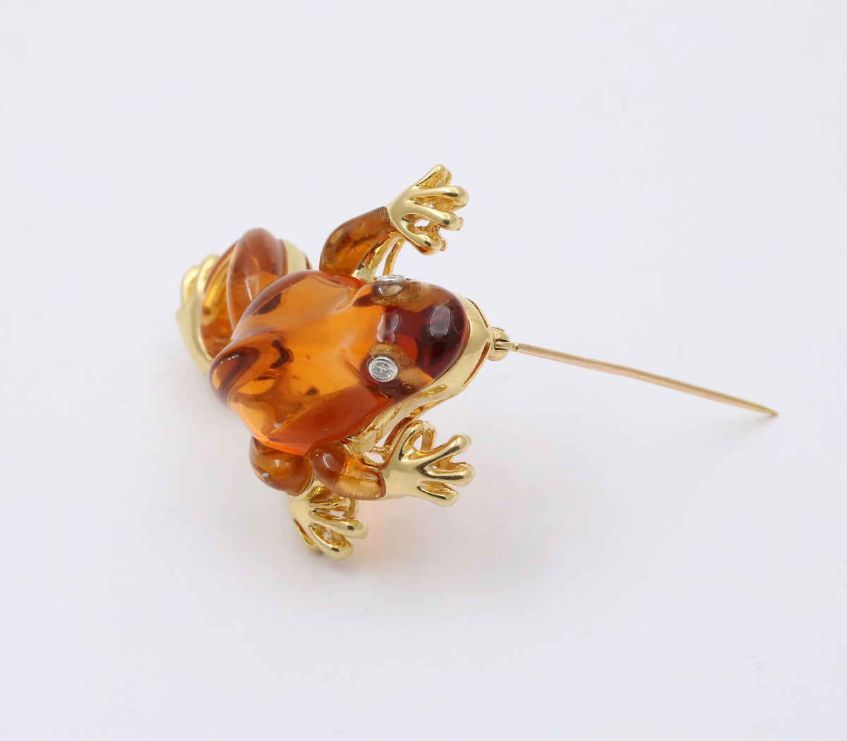 Vintage Carved Citrine, Diamond and 18K Gold Frog Brooch, Pin