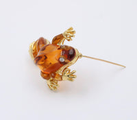 Vintage Carved Citrine, Diamond and 18K Gold Frog Brooch, Pin