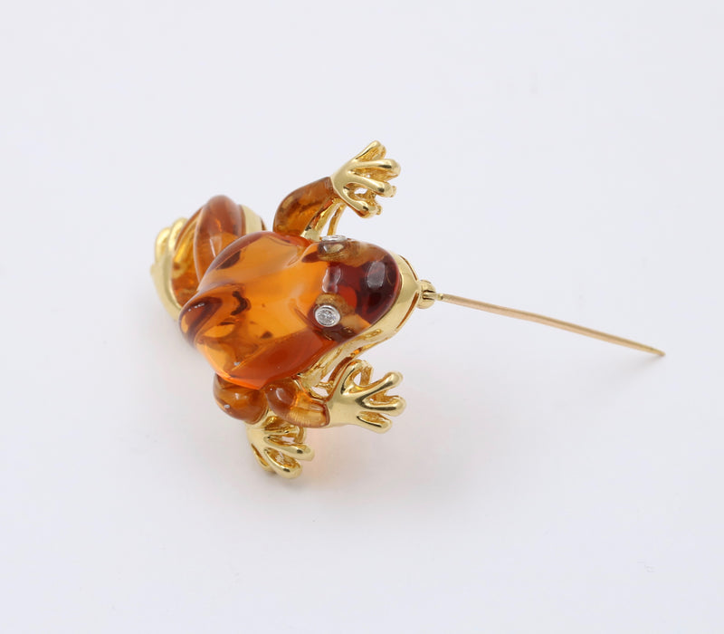 Vintage Carved Citrine, Diamond and 18K Gold Frog Brooch, Pin