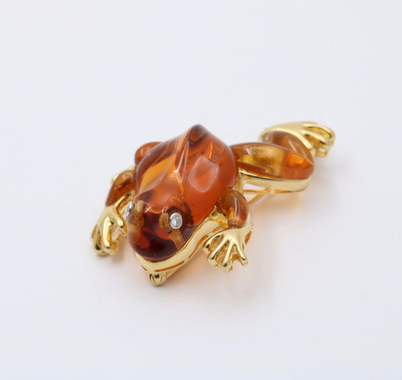 Vintage Carved Citrine, Diamond and 18K Gold Frog Brooch, Pin
