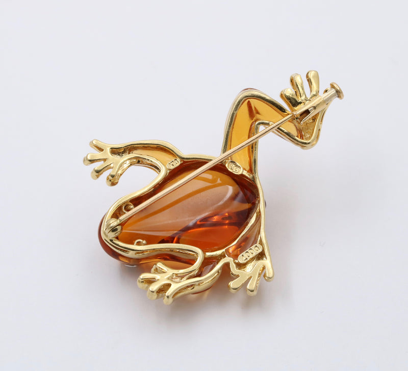 Vintage Carved Citrine, Diamond and 18K Gold Frog Brooch, Pin