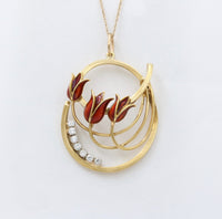 Vintage 18K Gold, Diamond, and Enamel Tulip Charm, 1.4 Inches Long