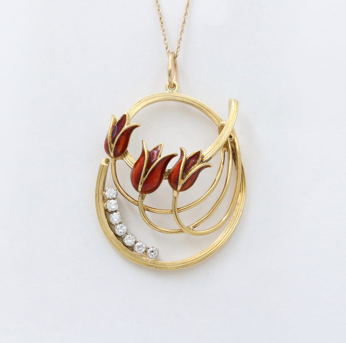 Vintage 18K Gold, Diamond, and Enamel Tulip Charm, 1.4 Inches Long