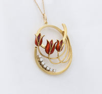 Vintage 18K Gold, Diamond, and Enamel Tulip Charm, 1.4 Inches Long