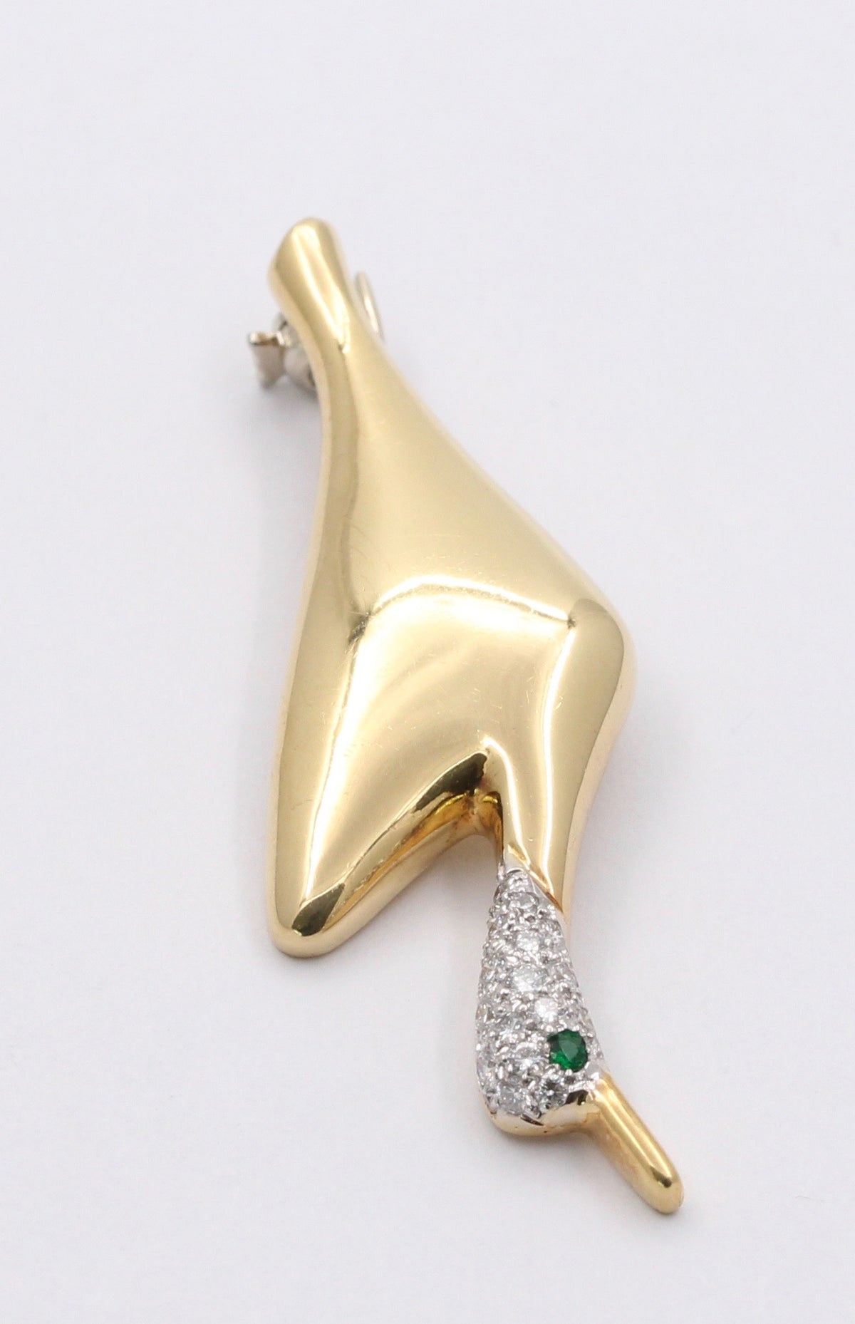 Vintage 18K Gold, Diamond and Emerald Abstract Duck Pin, Bird Brooch