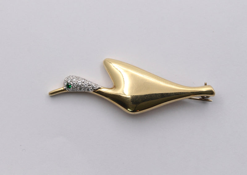Vintage 18K Gold, Diamond and Emerald Abstract Duck Pin, Bird Brooch