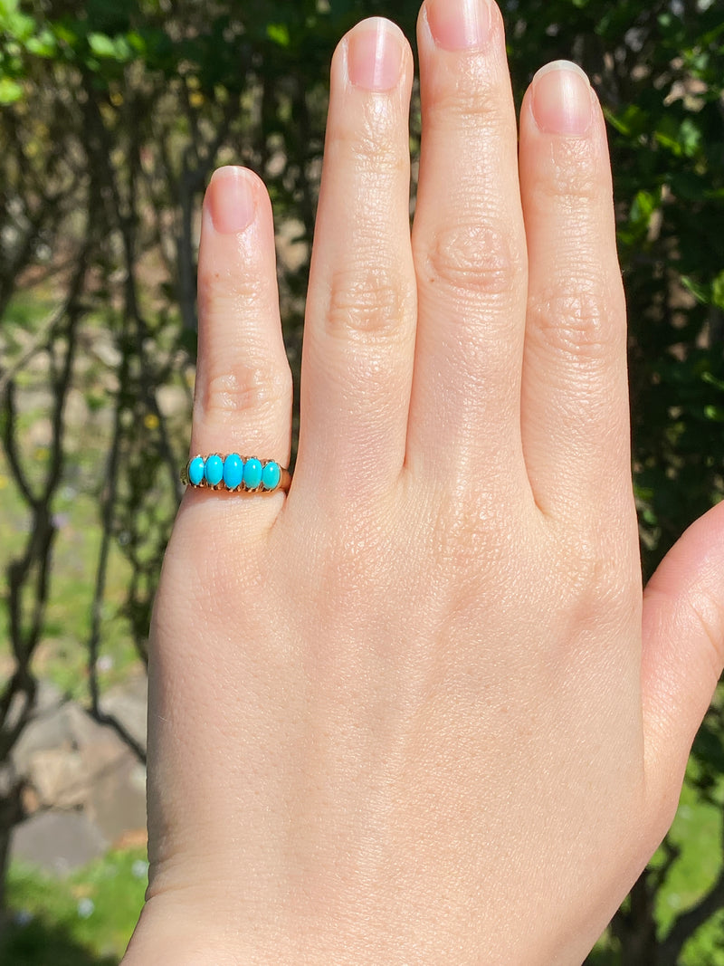 Antique Five Stone Turquoise and 14K Gold Band, Stacking Ring