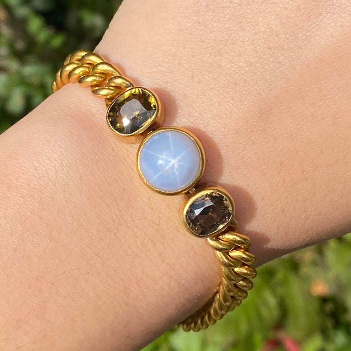 French Vintage Star Sapphire and Smoky Topaz 18K Gold Curb Bracelet