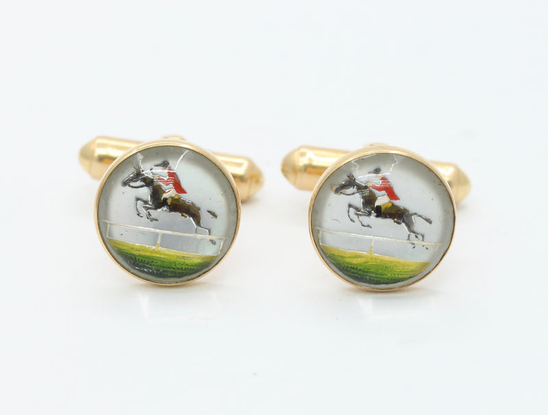 Victorian 14K Gold Essex Crystal Horse and Jockey Equestrian Cufflinks