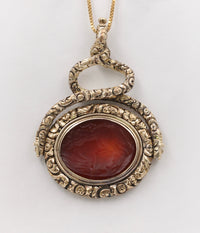 Large Early Victorian Heavily Chased 14K Gold and Carnelian Intaglio Spinner Pendant