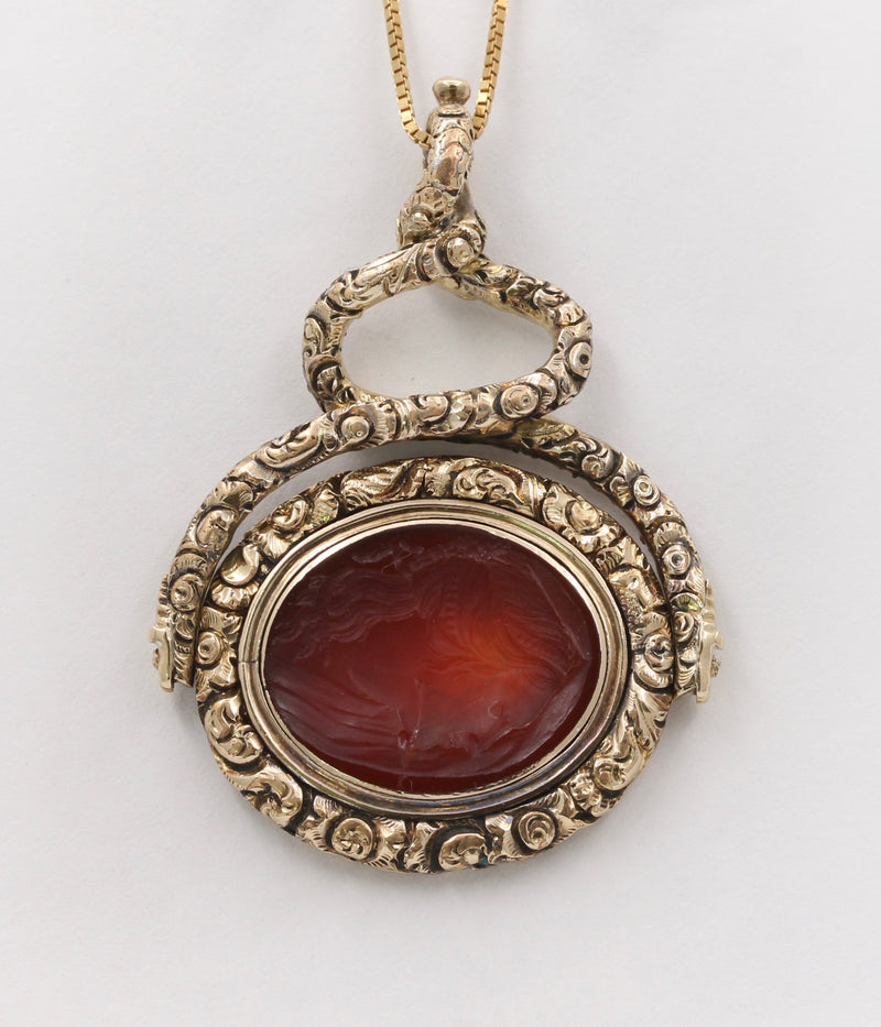 Large Early Victorian Heavily Chased 14K Gold and Carnelian Intaglio Spinner Pendant