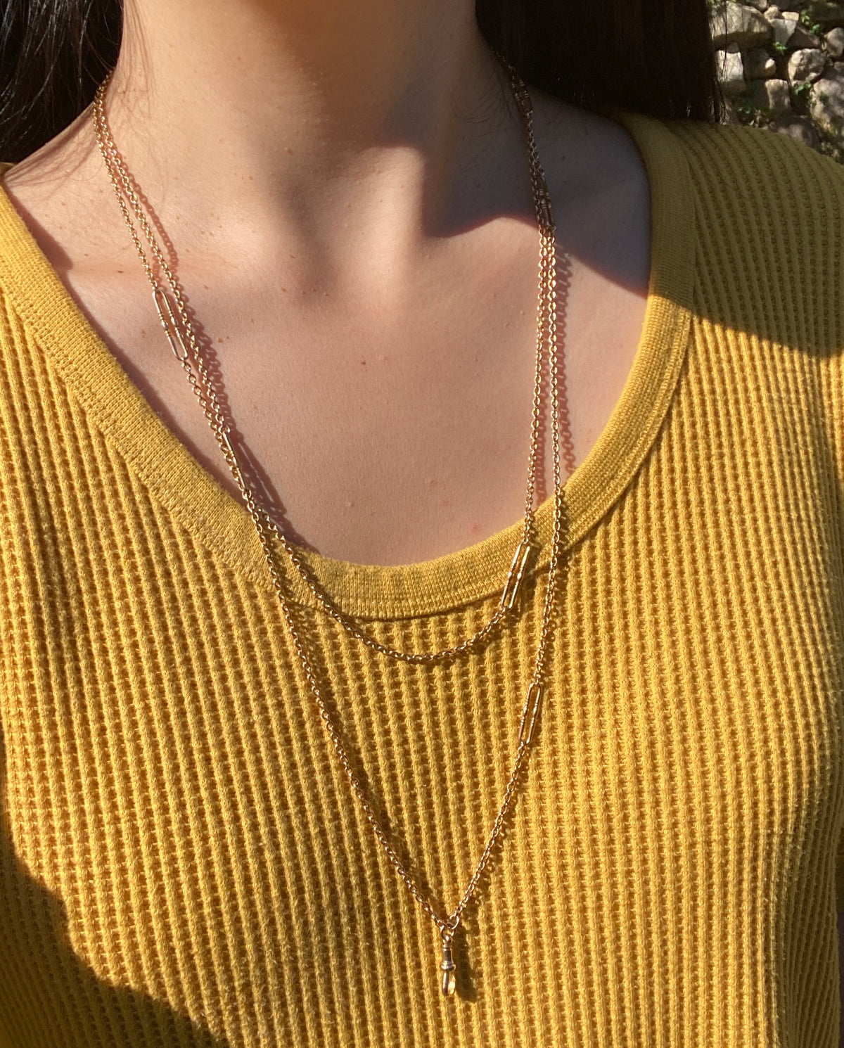 Antique 9K Gold Cable Link Trombone Longuard Chain, 53” Long