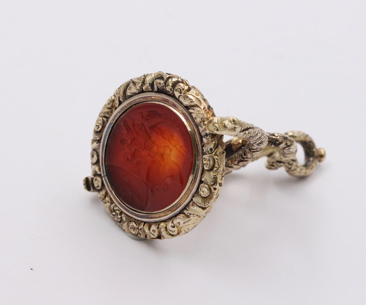 Large Early Victorian Heavily Chased 14K Gold and Carnelian Intaglio Spinner Pendant