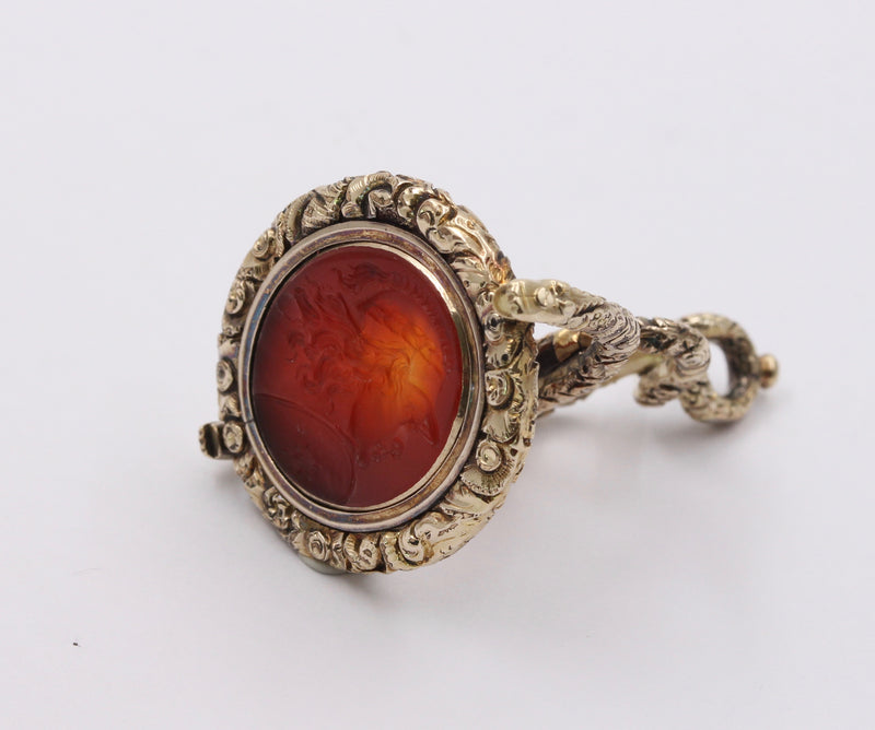 Large Early Victorian Heavily Chased 14K Gold and Carnelian Intaglio Spinner Pendant