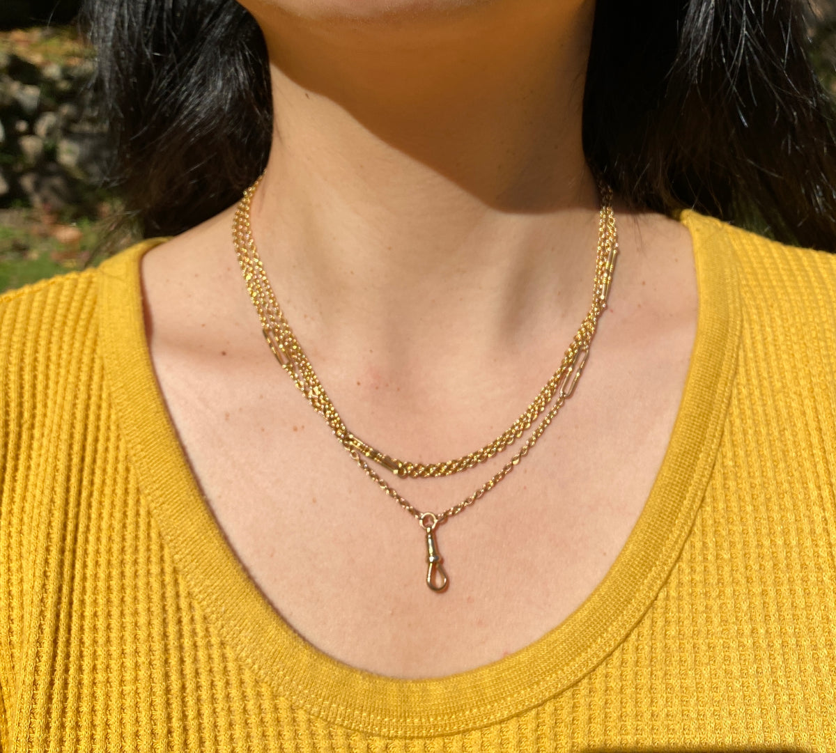 Antique 9K Gold Cable Link Trombone Longuard Chain, 53” Long