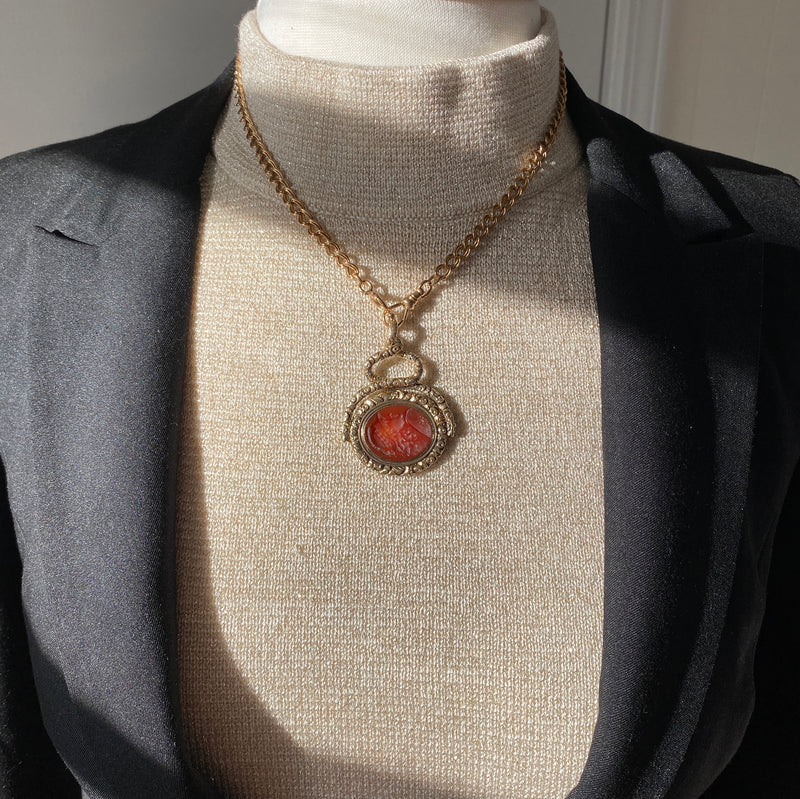 Large Early Victorian Heavily Chased 14K Gold and Carnelian Intaglio Spinner Pendant