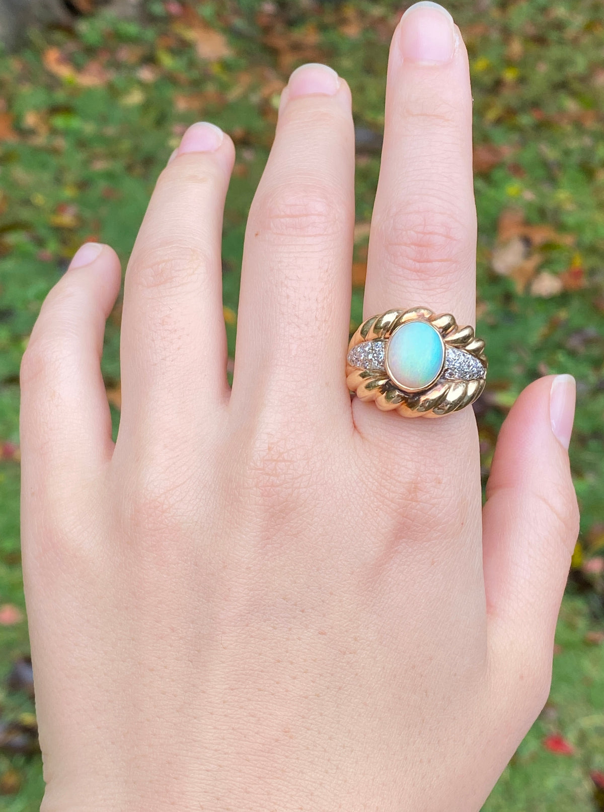 Vintage Opal and Diamond 14K Gold Statement Ring