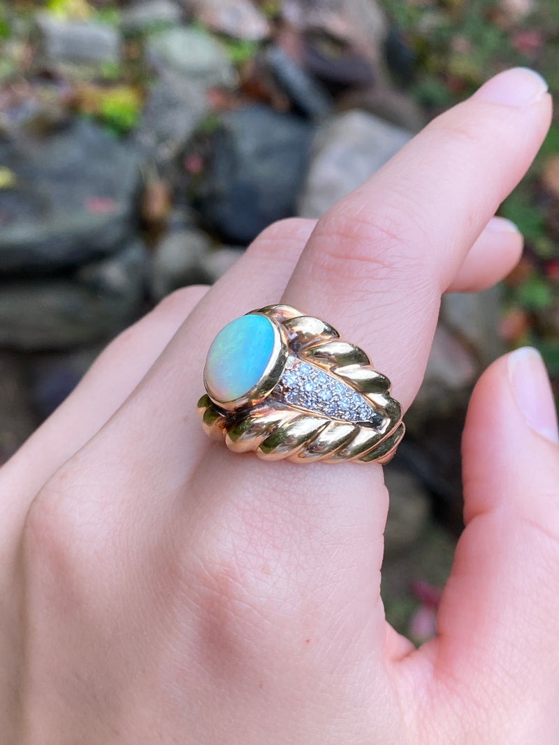 Vintage Opal and Diamond 14K Gold Statement Ring