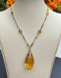 Art Deco 14K Gold and Citrine Briolette Drop Filigree Necklace