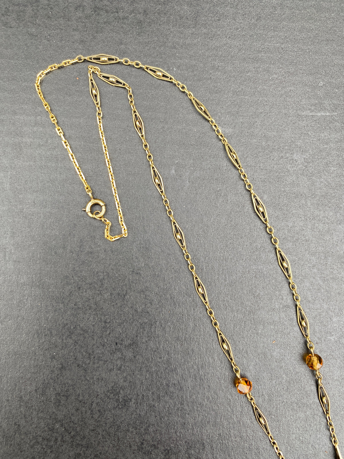 Art Deco 14K Gold and Citrine Briolette Drop Filigree Necklace