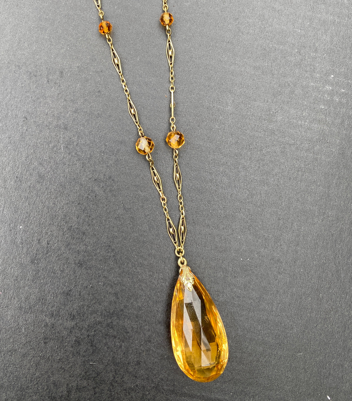 Art Deco 14K Gold and Citrine Briolette Drop Filigree Necklace