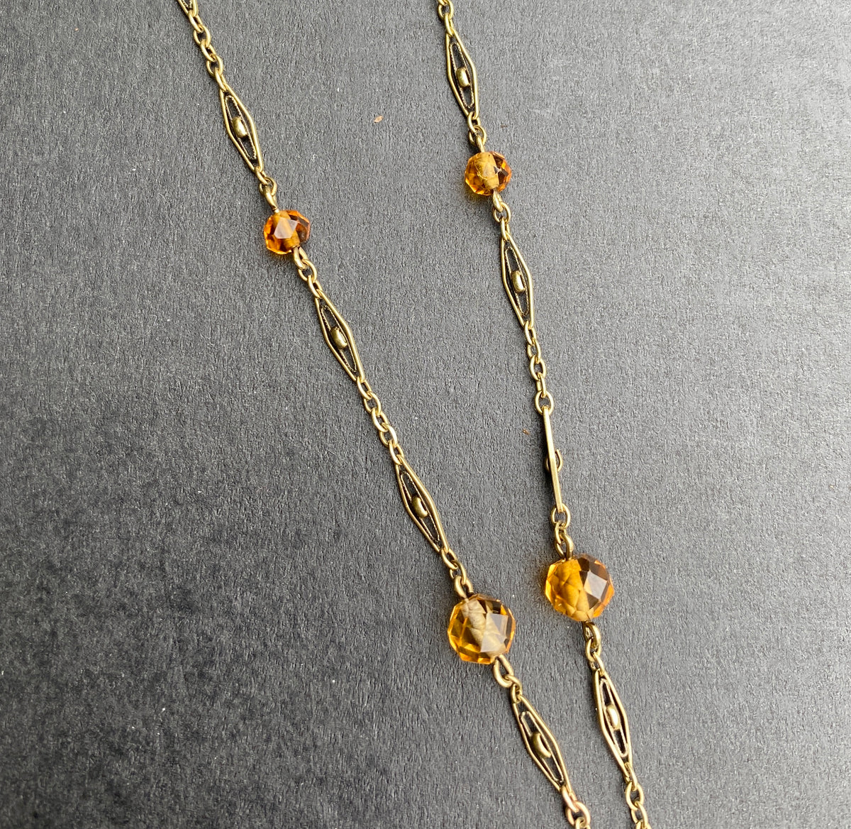 Art Deco 14K Gold and Citrine Briolette Drop Filigree Necklace