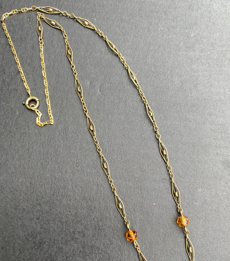 Art Deco 14K Gold and Citrine Briolette Drop Filigree Necklace