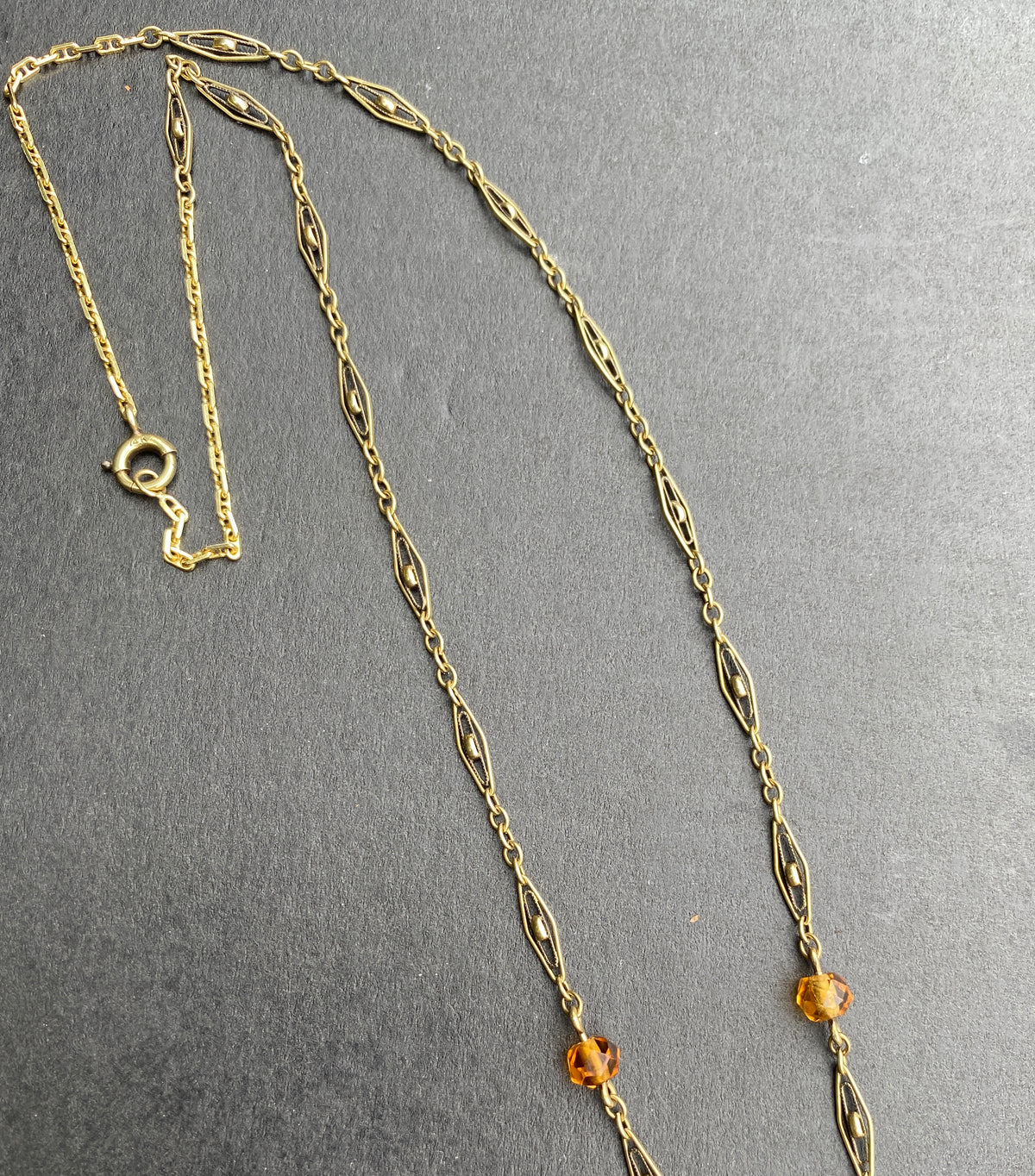 Art Deco 14K Gold and Citrine Briolette Drop Filigree Necklace