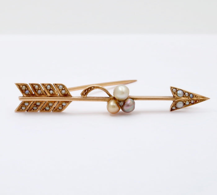 Antique Rose Cut Diamond, Pearl, 14K Gold Arrow Pin