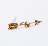 Antique Rose Cut Diamond, Pearl, 14K Gold Arrow Pin