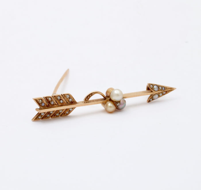 Antique Rose Cut Diamond, Pearl, 14K Gold Arrow Pin