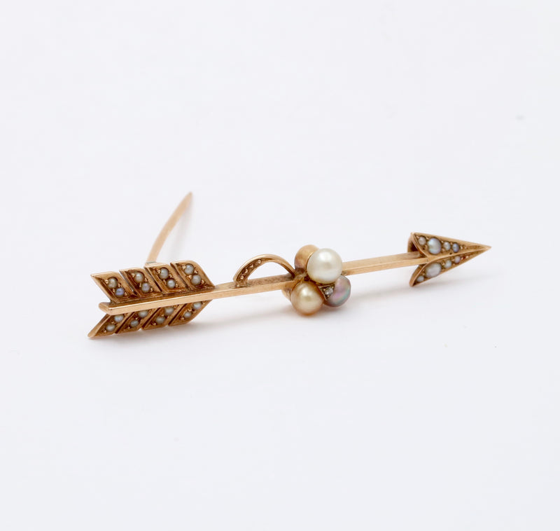 Antique Rose Cut Diamond, Pearl, 14K Gold Arrow Pin