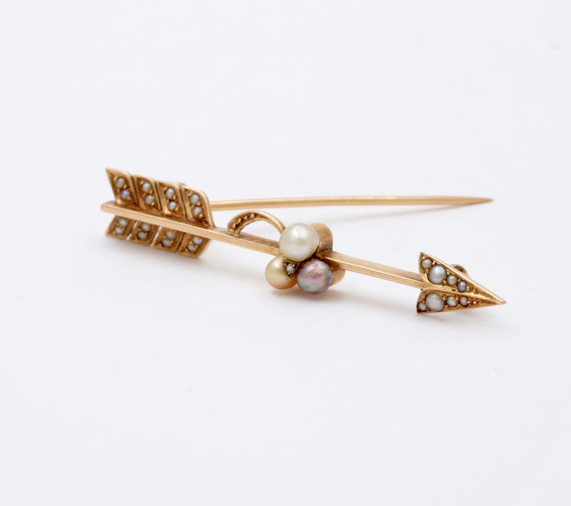 Antique Rose Cut Diamond, Pearl, 14K Gold Arrow Pin