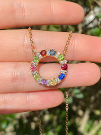 Victorian Harlequin 18K Gold Diamond, Sapphire, Peridot Circle Pendant, Antique Rainbow Necklace