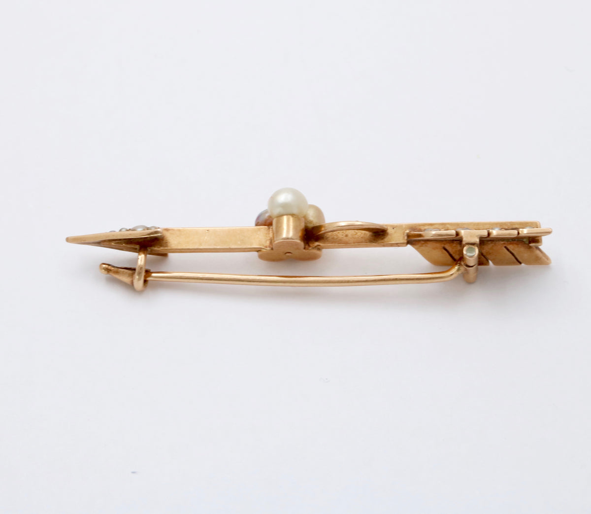 Antique Rose Cut Diamond, Pearl, 14K Gold Arrow Pin