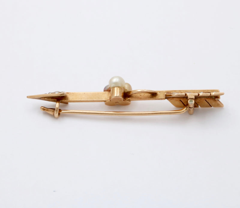 Antique Rose Cut Diamond, Pearl, 14K Gold Arrow Pin