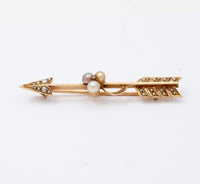 Antique Rose Cut Diamond, Pearl, 14K Gold Arrow Pin