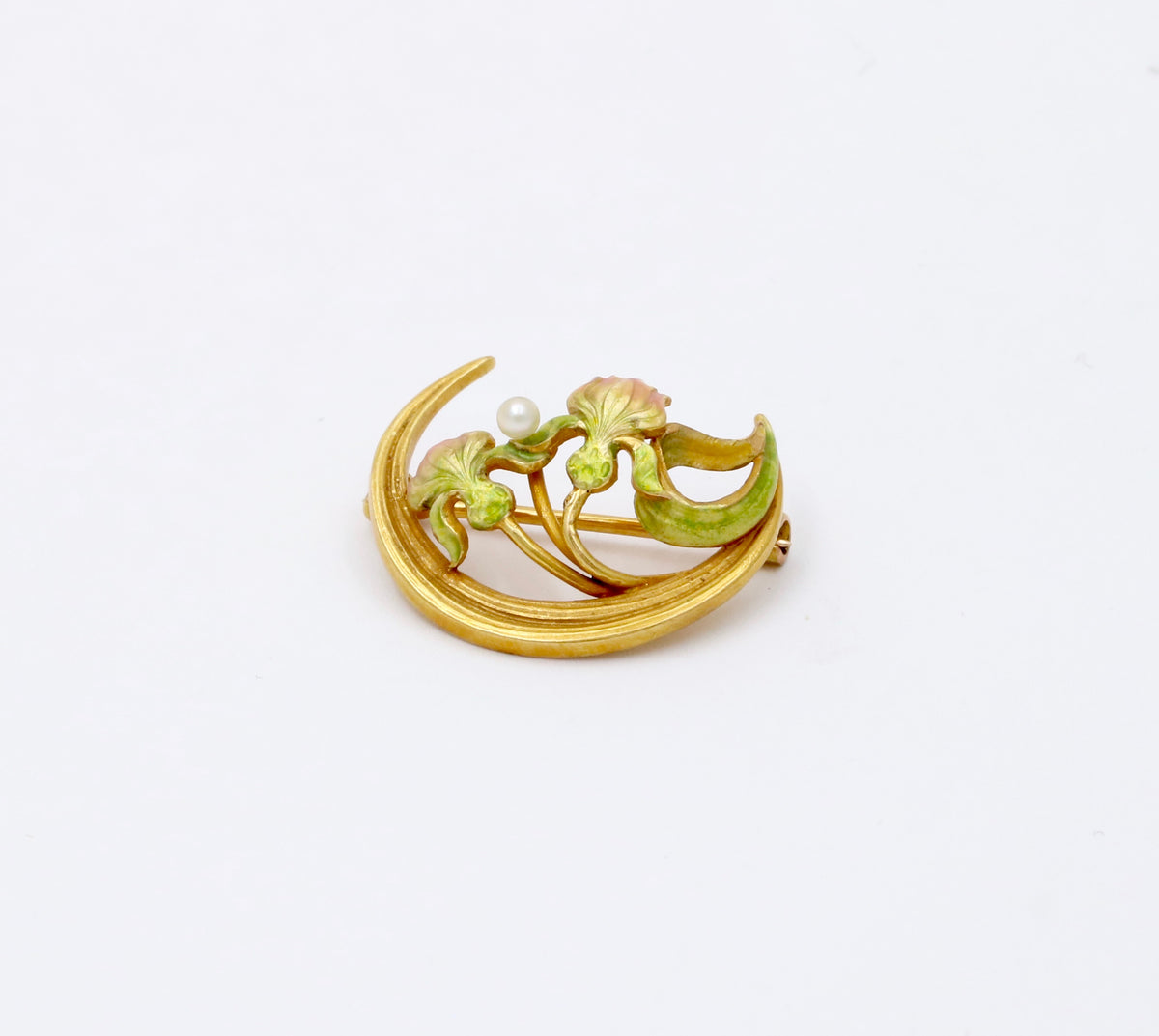 Art Nouveau Krementz 14K Gold and Enamel Crescent and Lotus Flower Pin