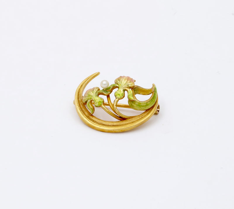 Art Nouveau Krementz 14K Gold and Enamel Crescent and Lotus Flower Pin
