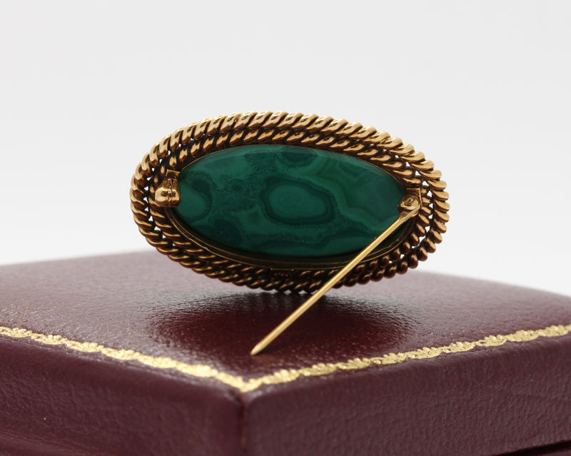 Vintage Malachite Intaglio of Saturn Cronos in 14K Gold Brooch Pin - alpha-omega-jewelry