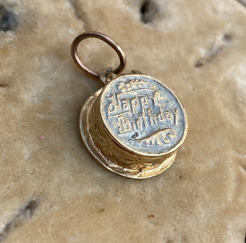 Vintage 14K Gold and White Enamel “Happy Birthday” Cake Charm