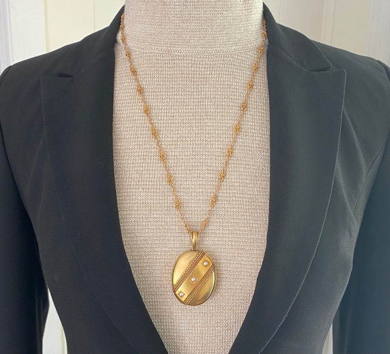 Large Victorian 18K Gold and Split Pearl Locket, Antique Pendant